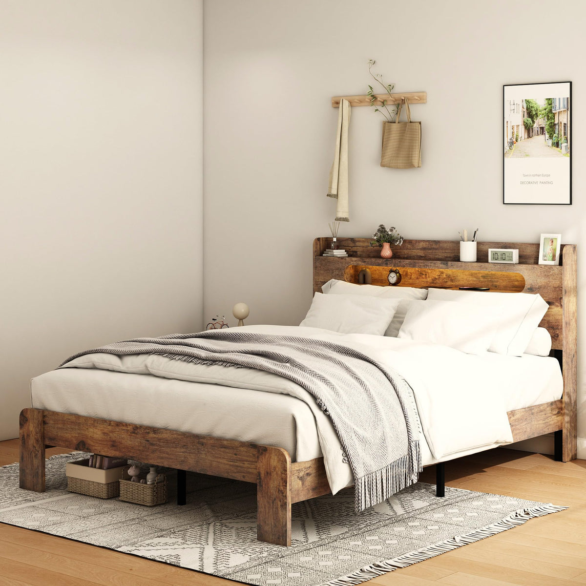 Wooden Full Bed Frame with Storage Headboard I46293