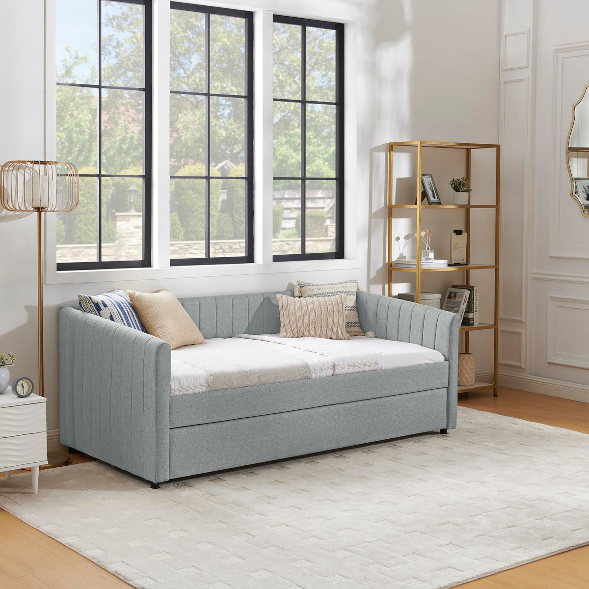Grey Linen Upholstered Twin Size Daybed with Pop up Trundle E40156