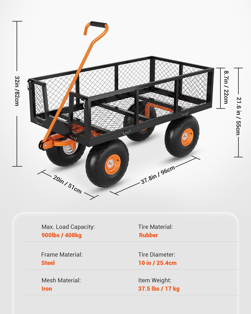 Heavy Duty Steel Garden Cart 900 LBS Capacity 3 in 1 Pullable Wagon with 10 in Wheels K651