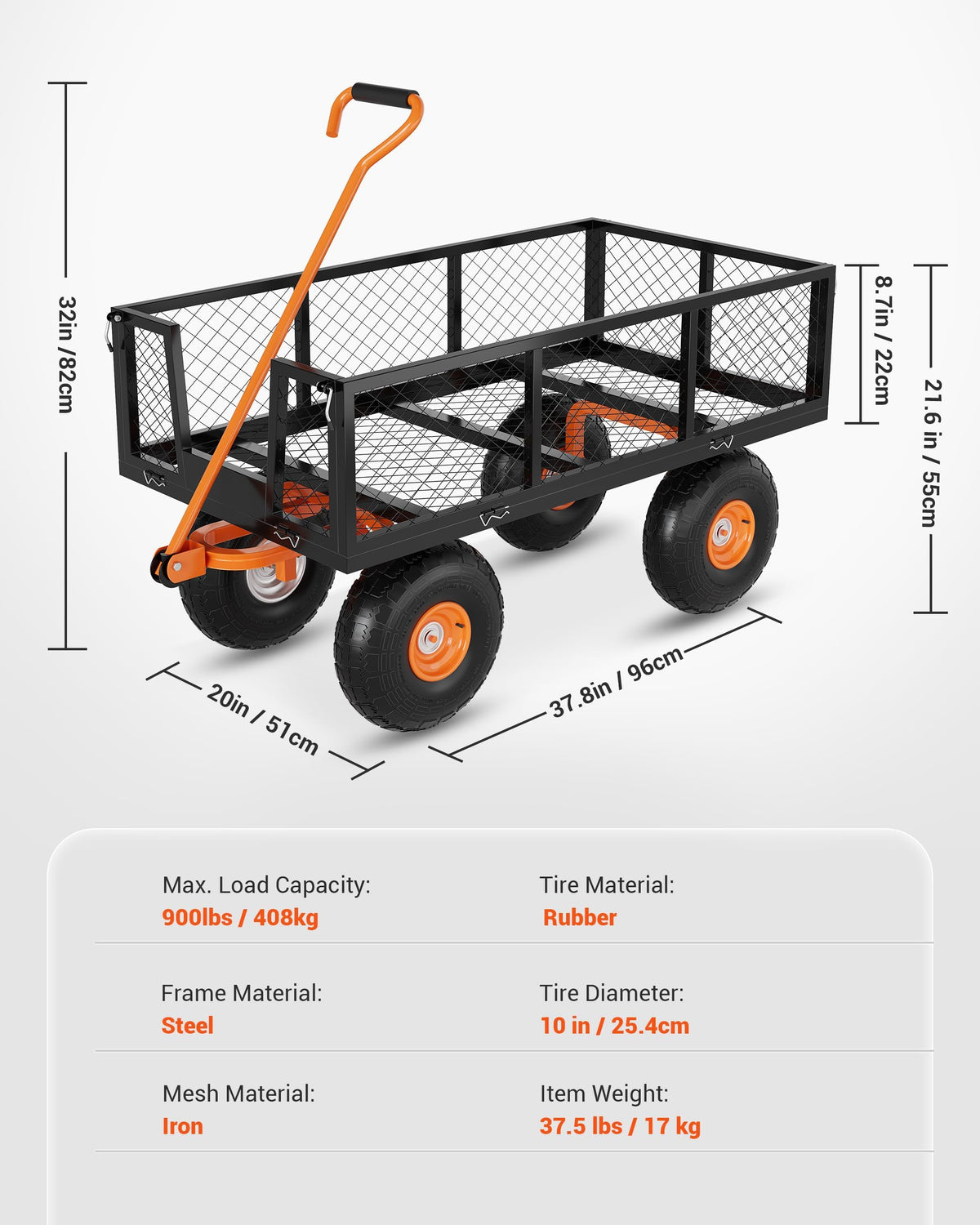 Heavy Duty Steel Garden Cart 900 LBS Capacity 3 in 1 Pullable Wagon with 10 in Wheels K651
