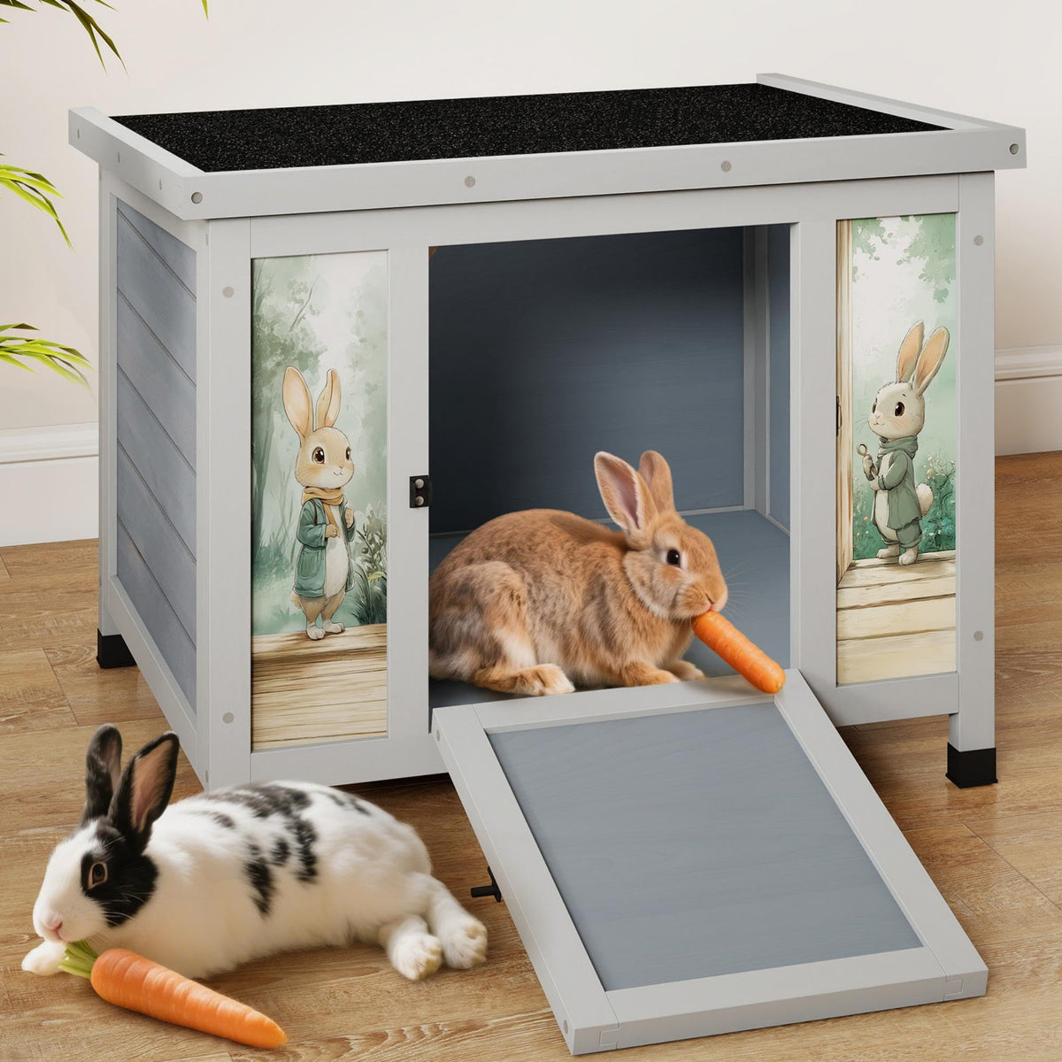 24 Inch Weatherproof Wooden Rabbit Hutch with Non-Slip Ramp I767