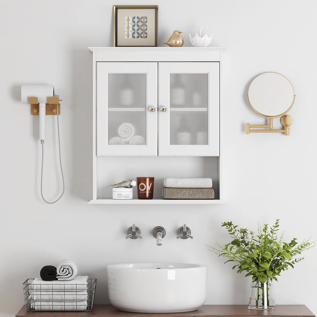 White Bathroom Wall Cabinet with Glass Doors P529922