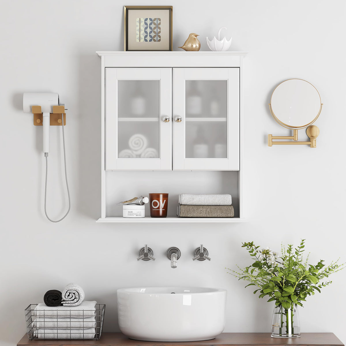 White Bathroom Wall Cabinet with Glass Doors P529922