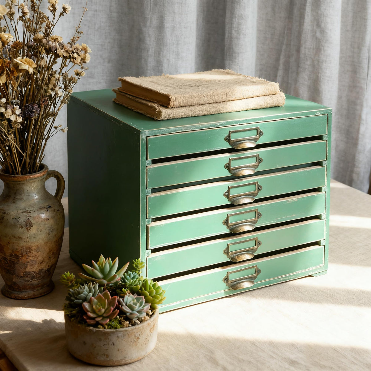 Vintage Wooden Storage Box with 6 Drawers Desktop Organizer Cabinet V797