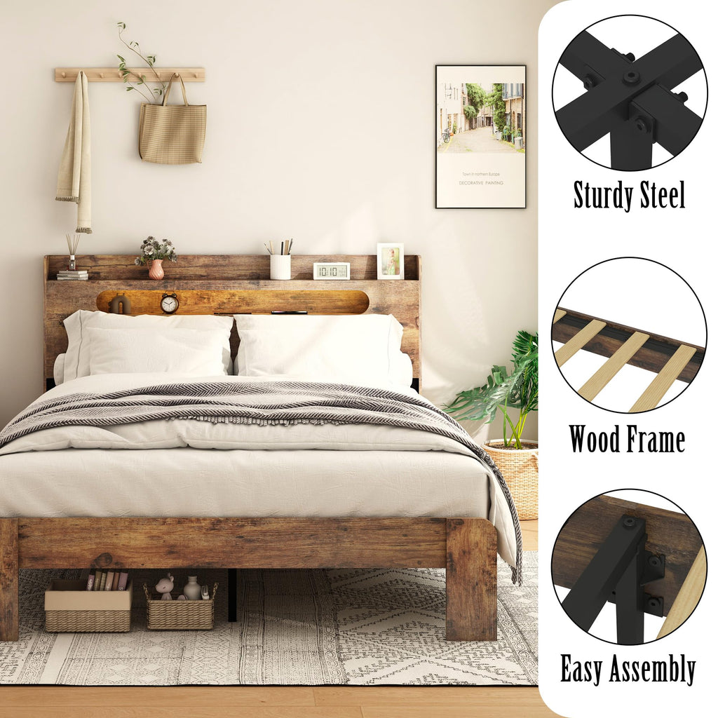 Wooden Full Bed Frame with Storage Headboard I46293