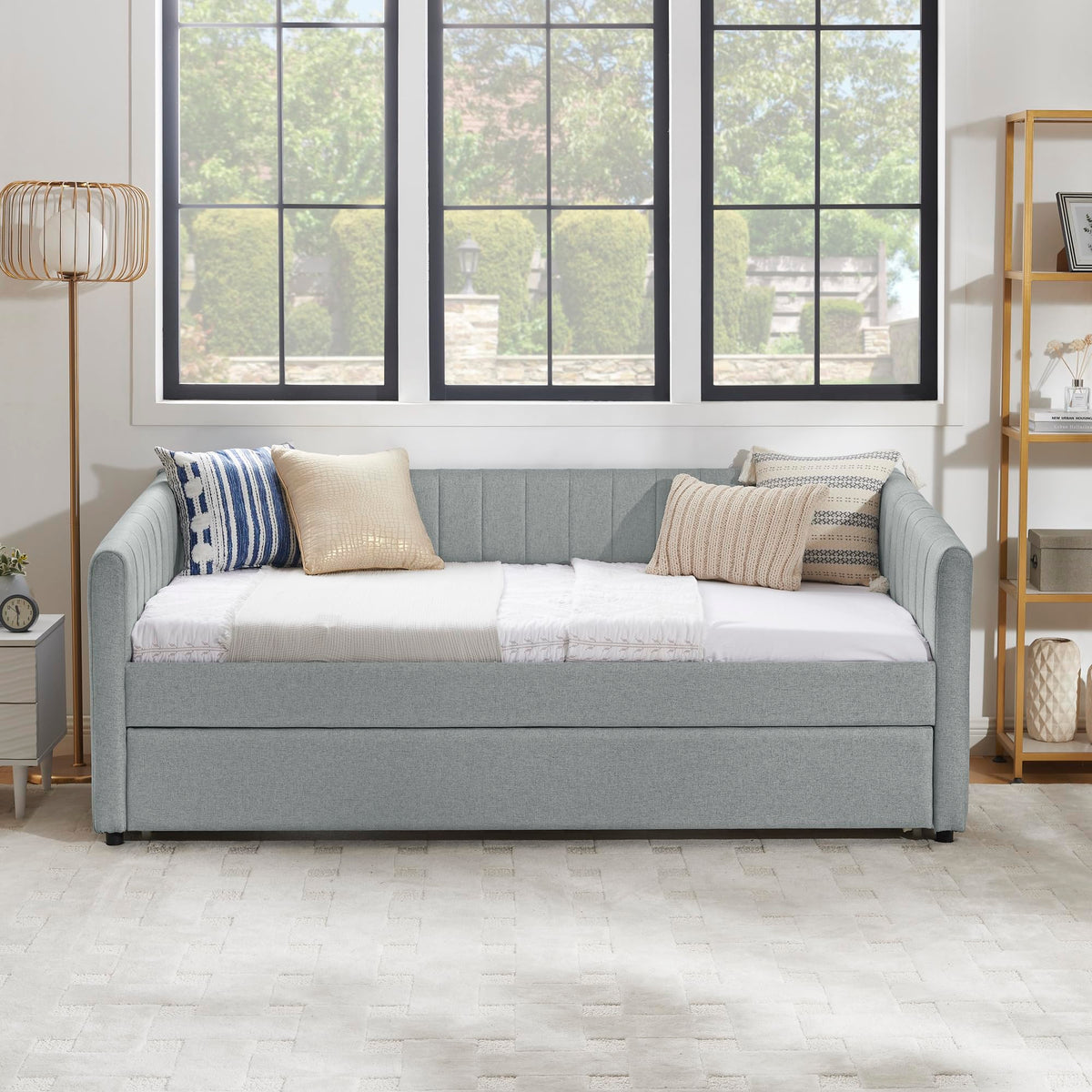Grey Linen Upholstered Twin Size Daybed with Pop up Trundle E40156