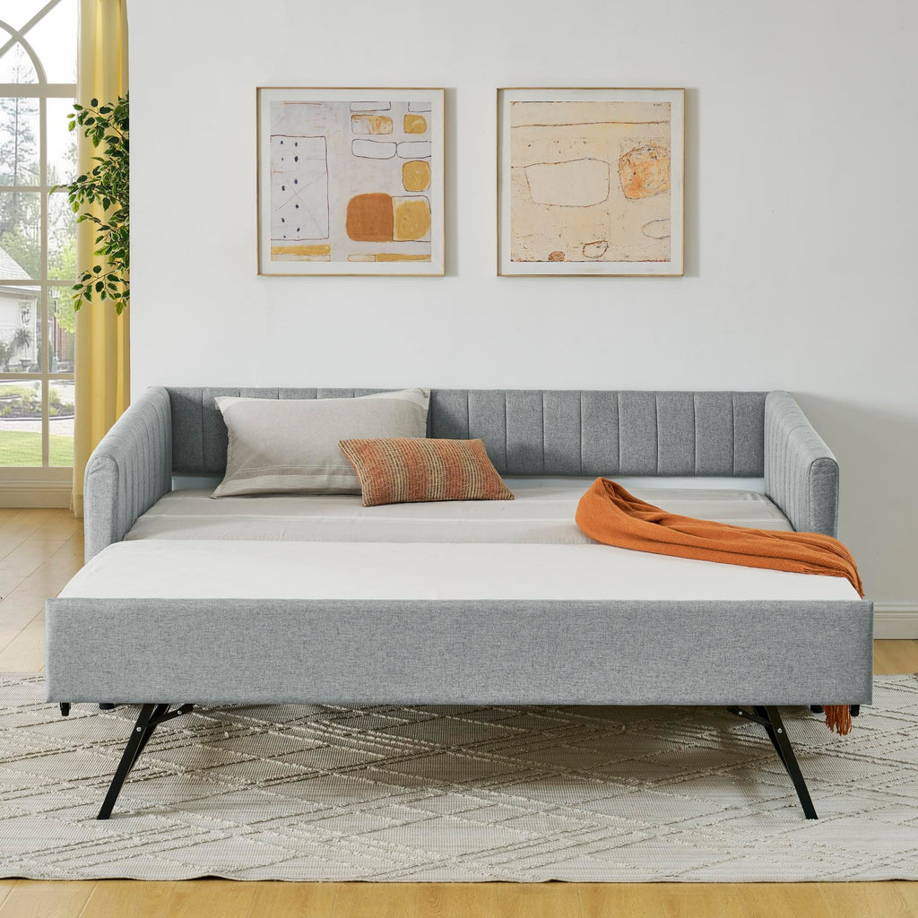Grey Linen Upholstered Twin Size Daybed with Pop up Trundle E40156