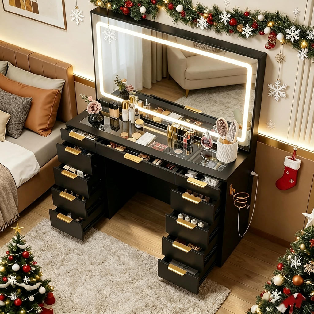 Glass Top Vanity Desk with Mirror and Lights, 11 Drawers Makeup Vanity with Stool R972270