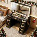Glass Top Vanity Desk with Mirror and Lights, 11 Drawers Makeup Vanity with Stool R972270