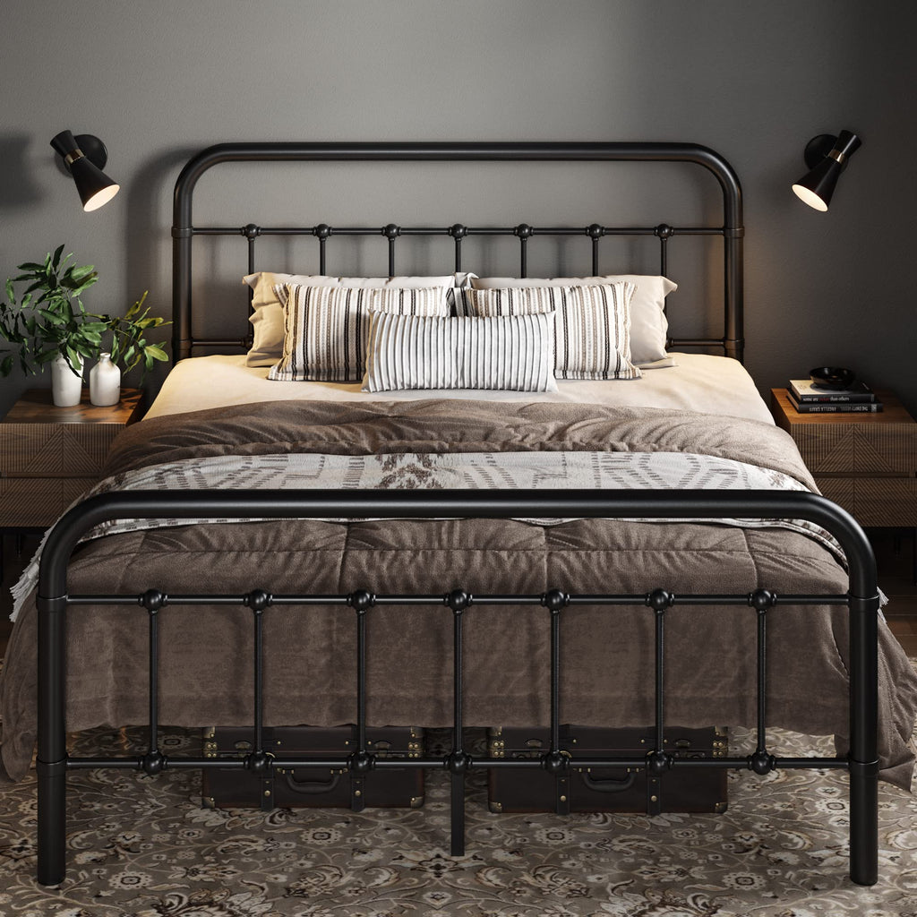 Full Metal Bed Frame with Victorian Iron-Art Headboard, Black X2262