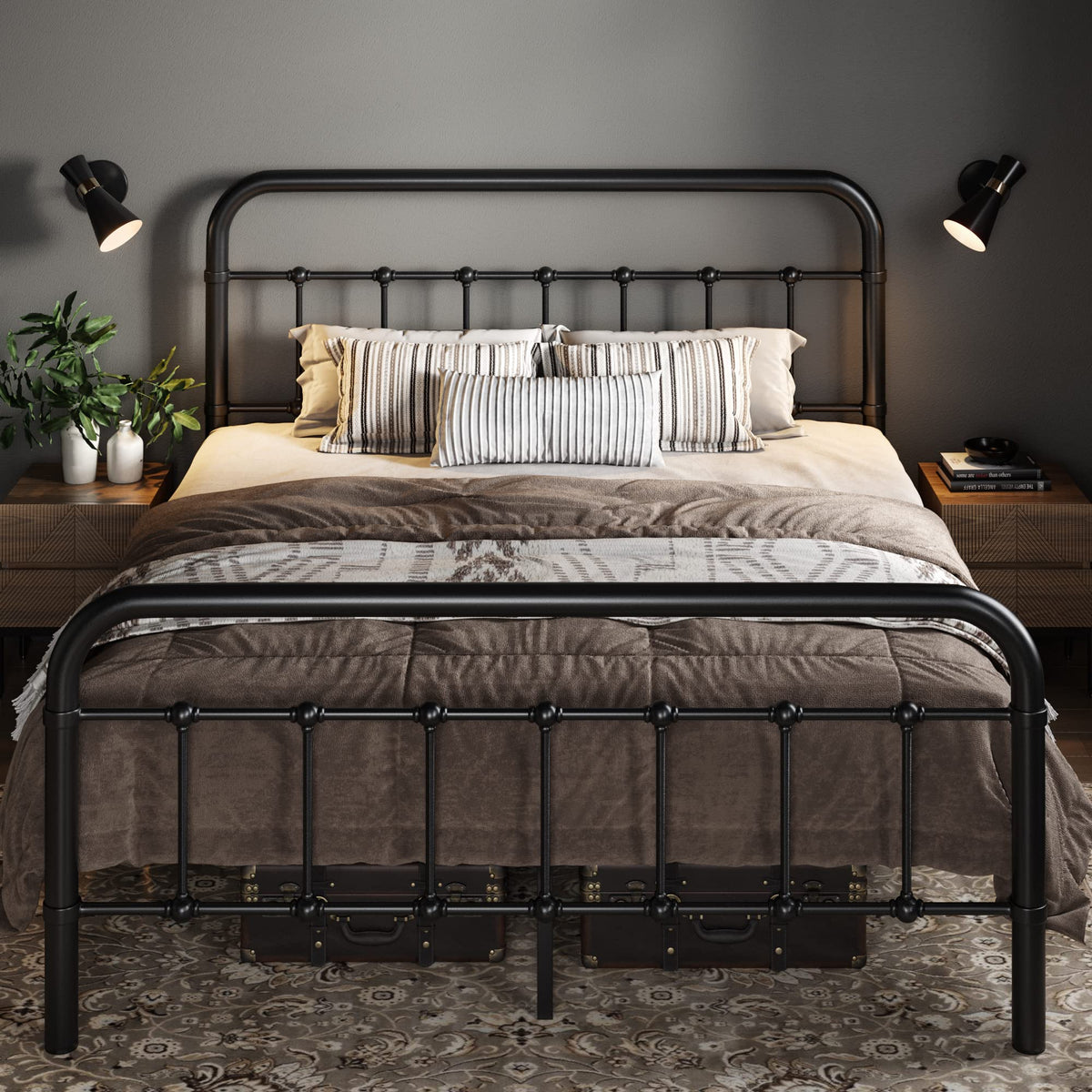 Full Metal Bed Frame with Victorian Iron-Art Headboard, Black X2262