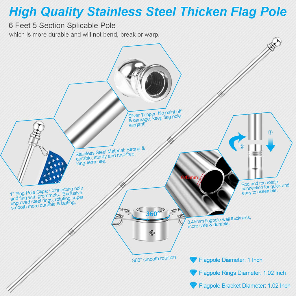 Silver 6 FT Metal Flagpole Kit and 304 Stainless Steel Flagpole Clips I2917