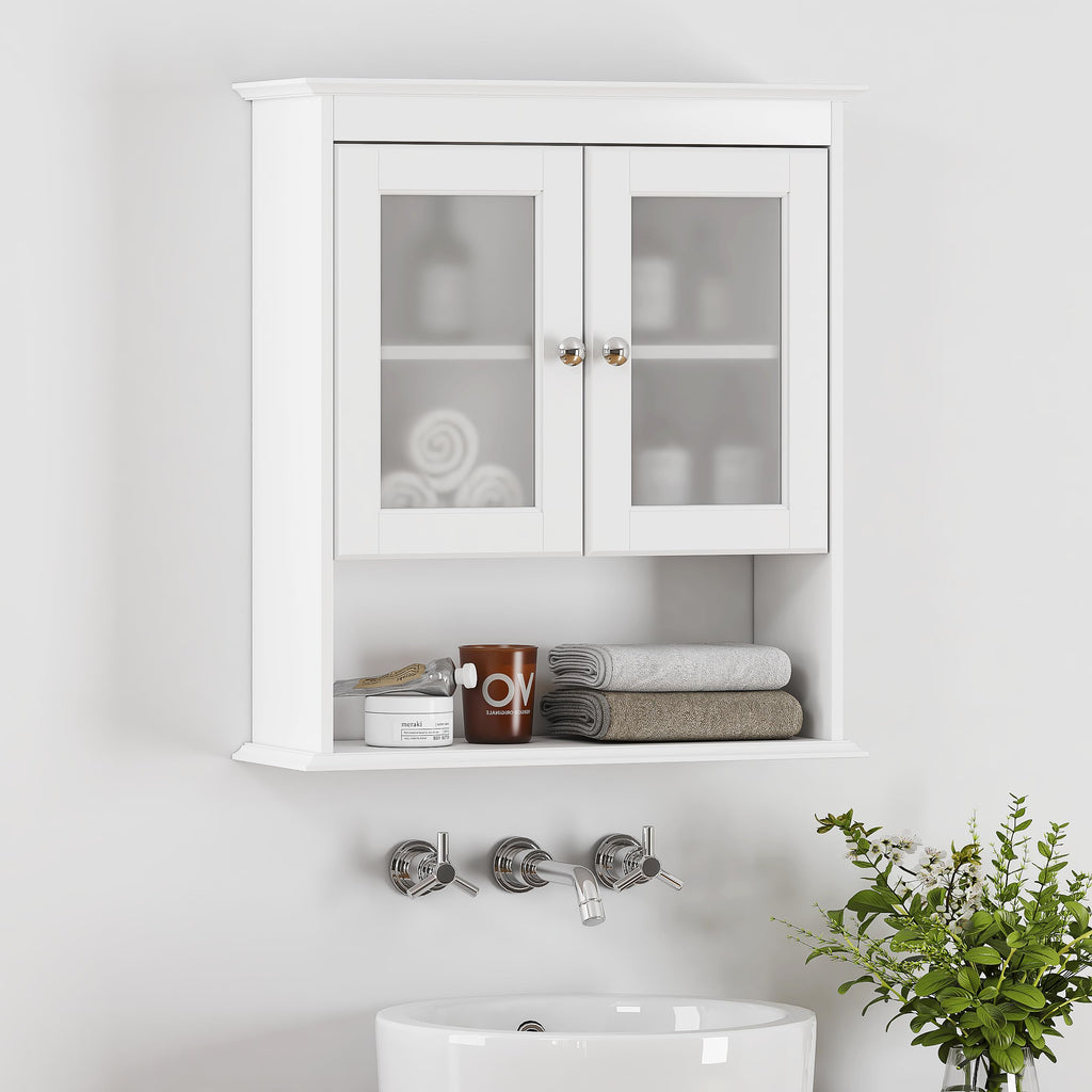 White Bathroom Wall Cabinet with Glass Doors P529922