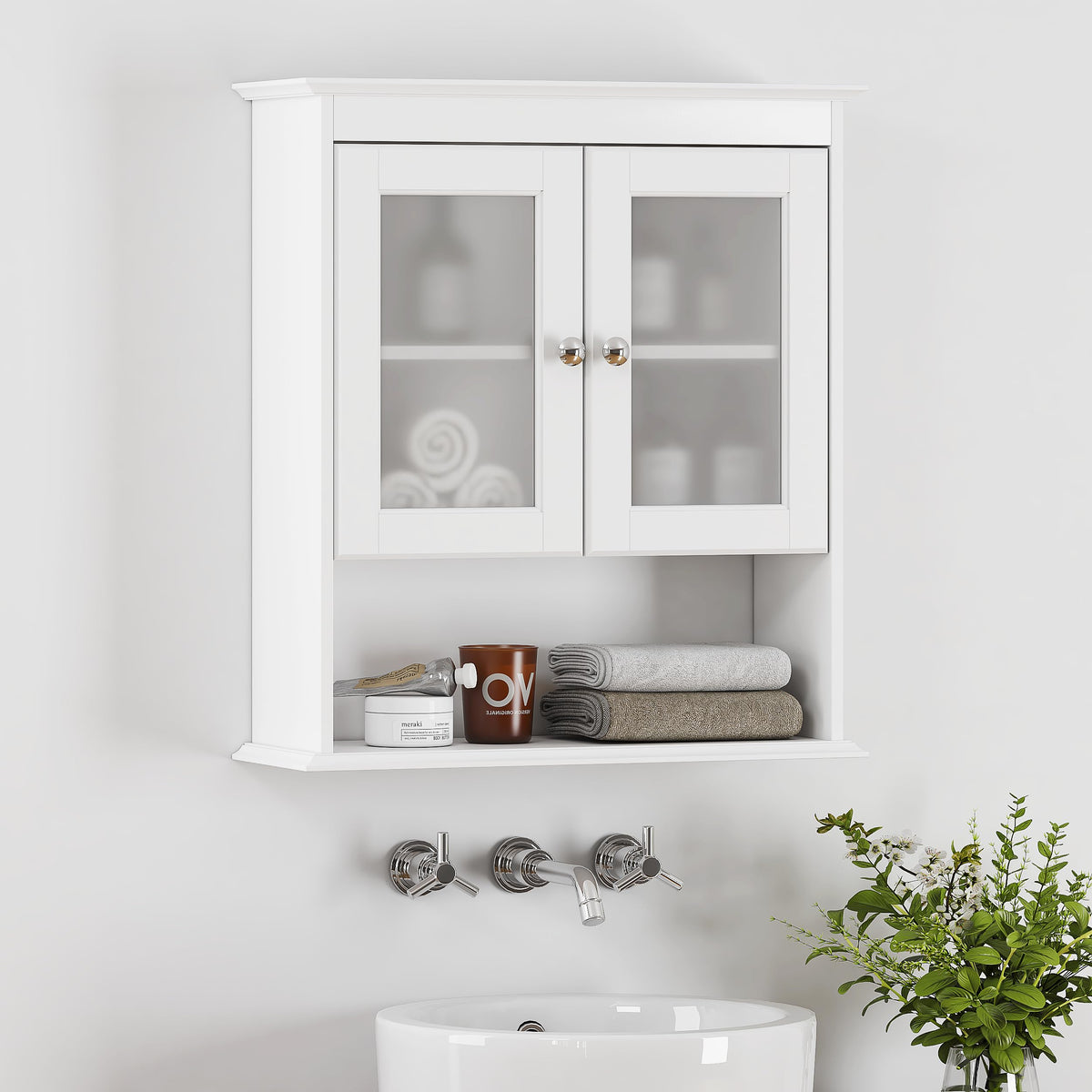 White Bathroom Wall Cabinet with Glass Doors P529922