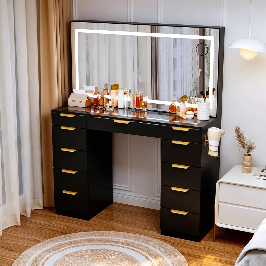 Glass Top Vanity Desk with Mirror and Lights, 11 Drawers Makeup Vanity with Stool R972270