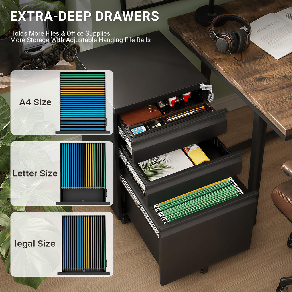 Black 3 Drawer Mobile File Cabinet with Lock V217967