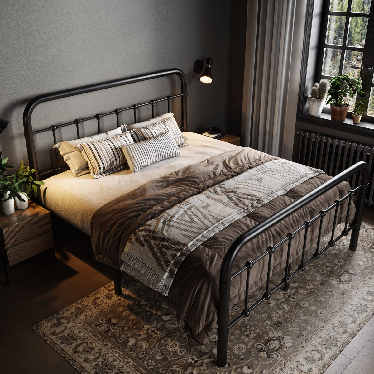 Full Metal Bed Frame with Victorian Iron-Art Headboard, Black X2262