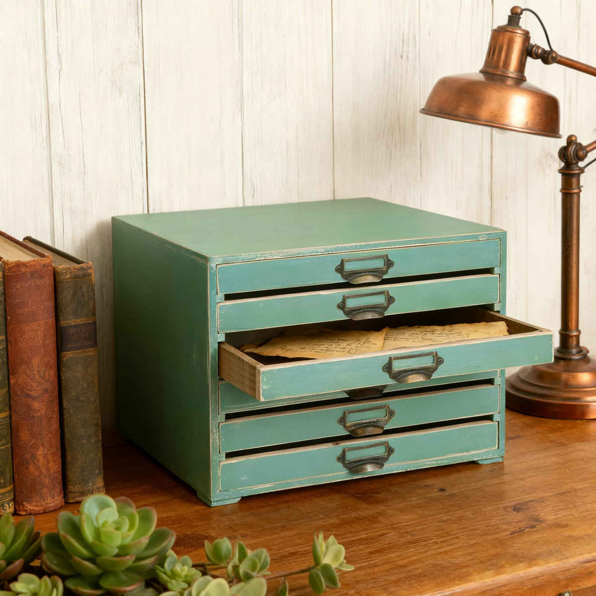 Vintage Wooden Storage Box with 6 Drawers Desktop Organizer Cabinet V797