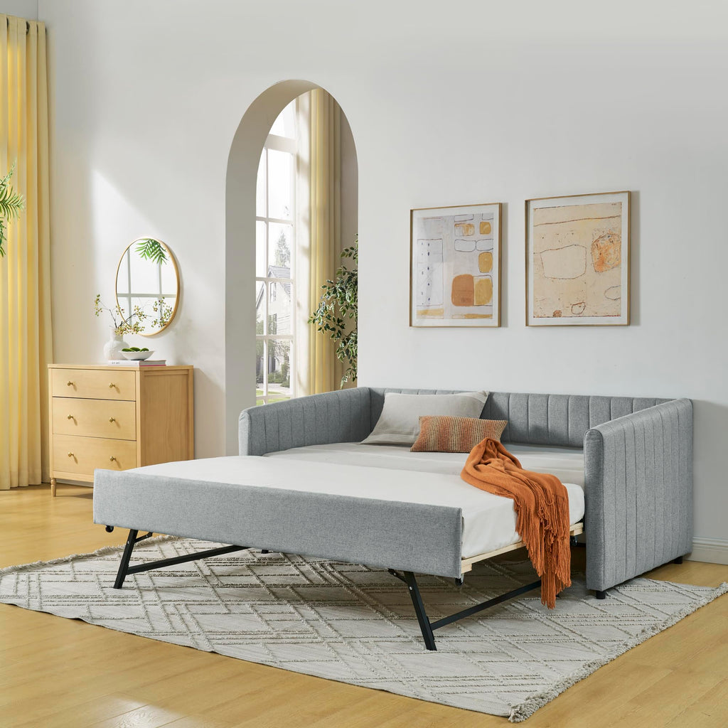 Grey Linen Upholstered Twin Size Daybed with Pop up Trundle E40156