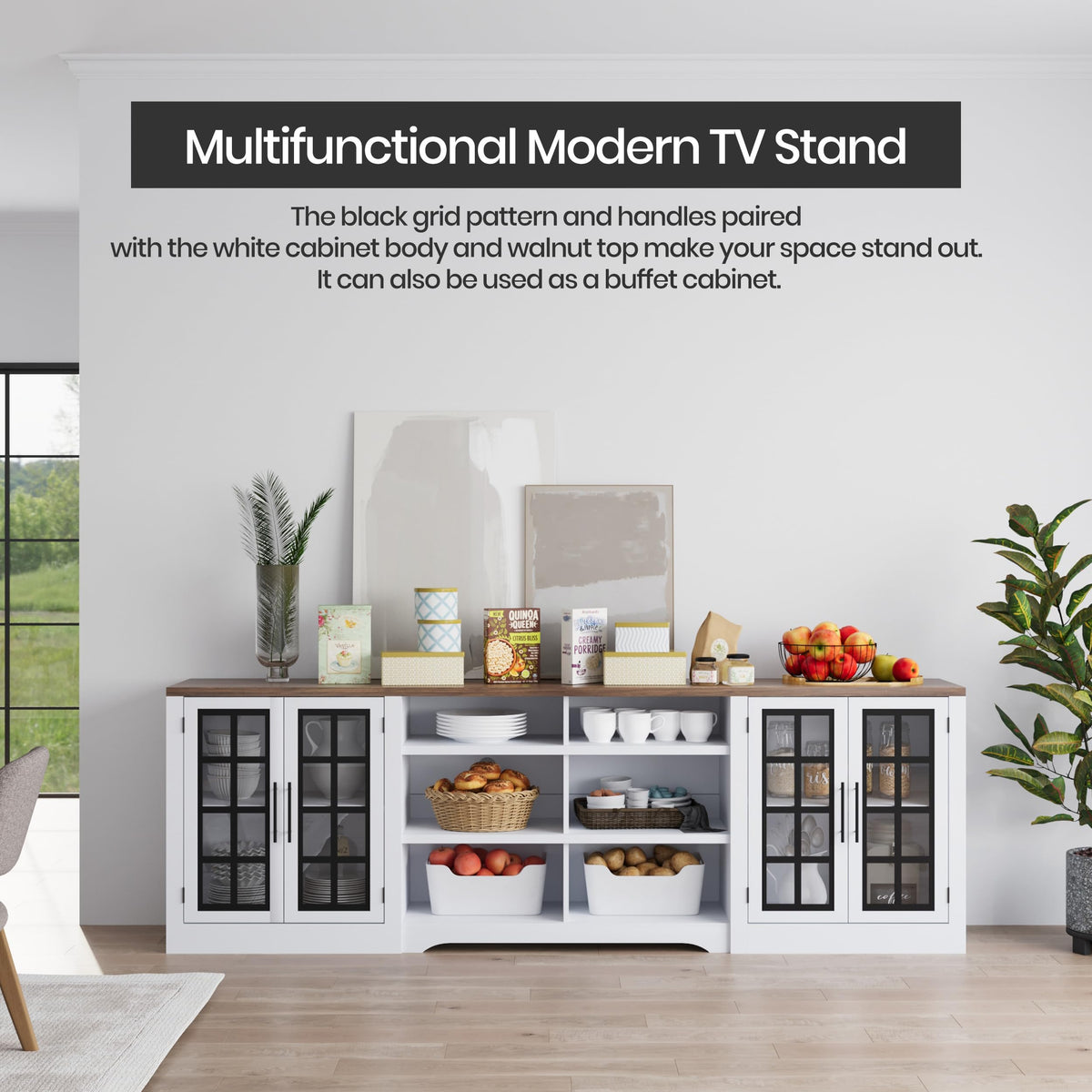 White TV Stand with Storage Cabinet and 3-Tier Open Shelves N176