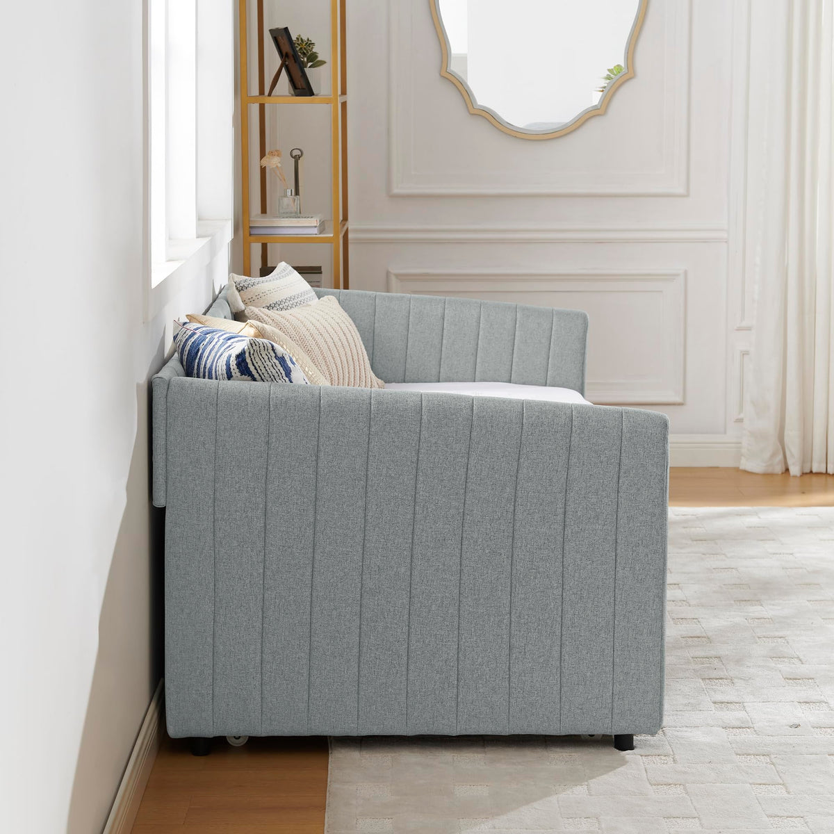 Grey Linen Upholstered Twin Size Daybed with Pop up Trundle E40156