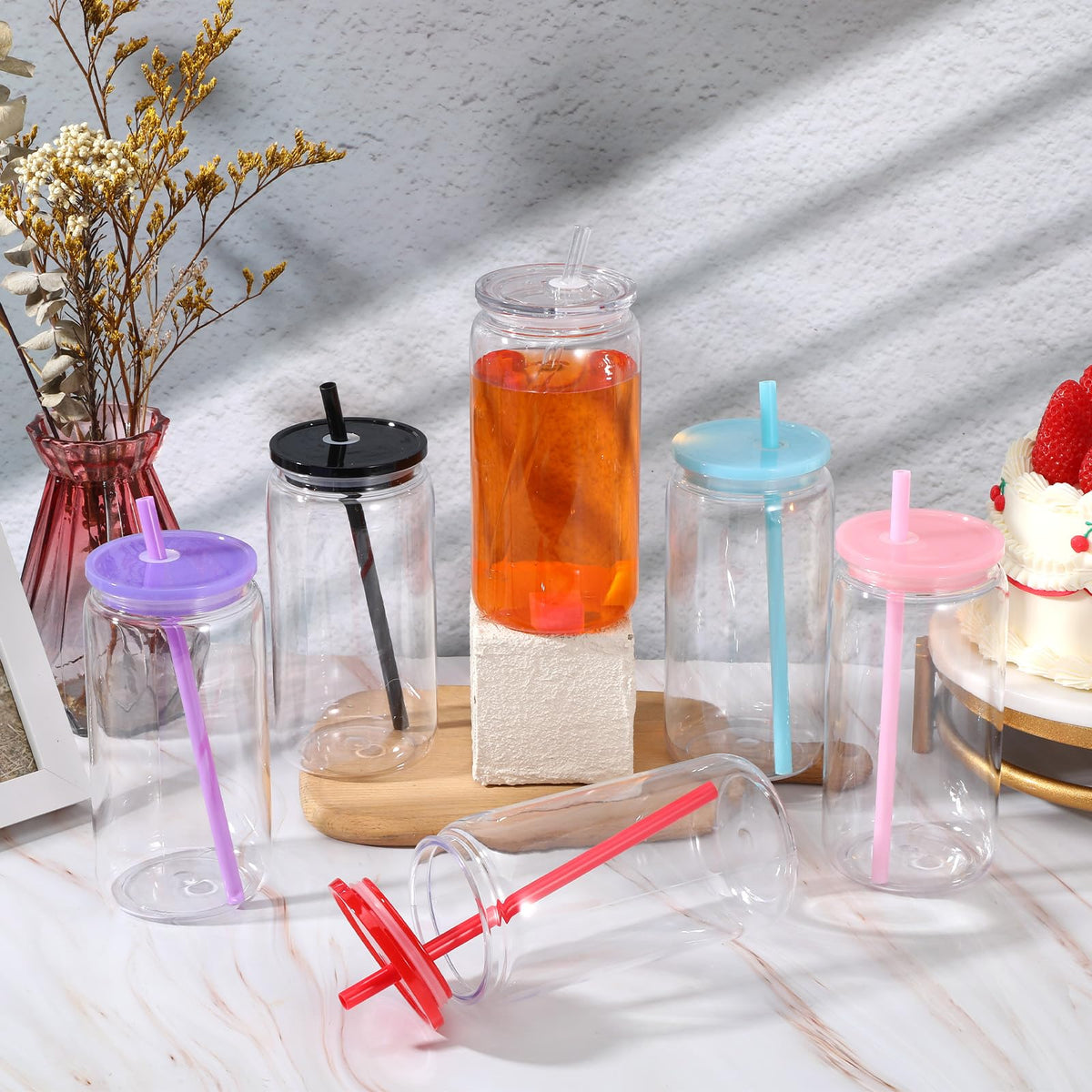 16oz Acrylic Cups with Lids and Straws, 6pcs Clear Plastic Tumbler Set L50533