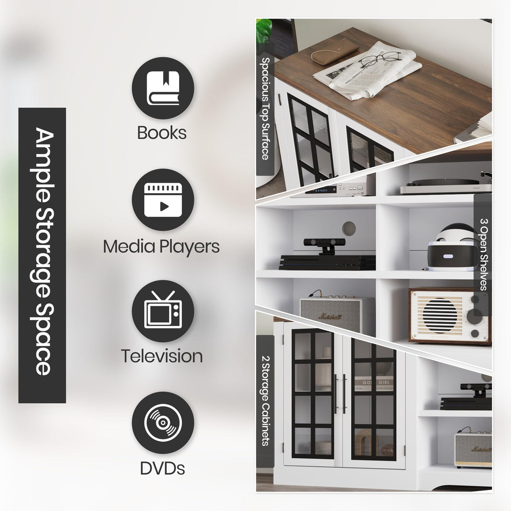 White TV Stand with Storage Cabinet and 3-Tier Open Shelves N176
