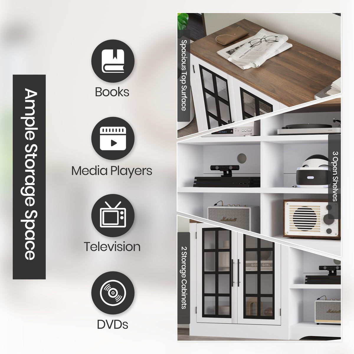 White TV Stand with Storage Cabinet and 3-Tier Open Shelves N176