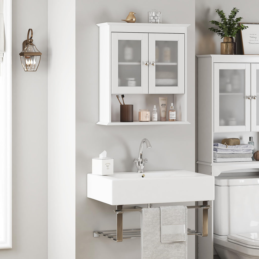 White Bathroom Wall Cabinet with Glass Doors P529922