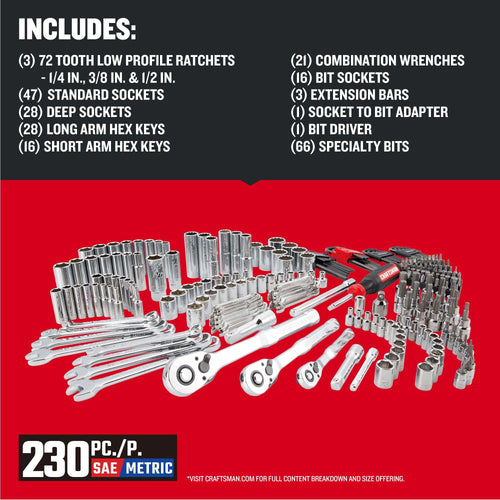 230 Pcs Mechanics Tool Set Socket Wrench Set with Toolbox J990