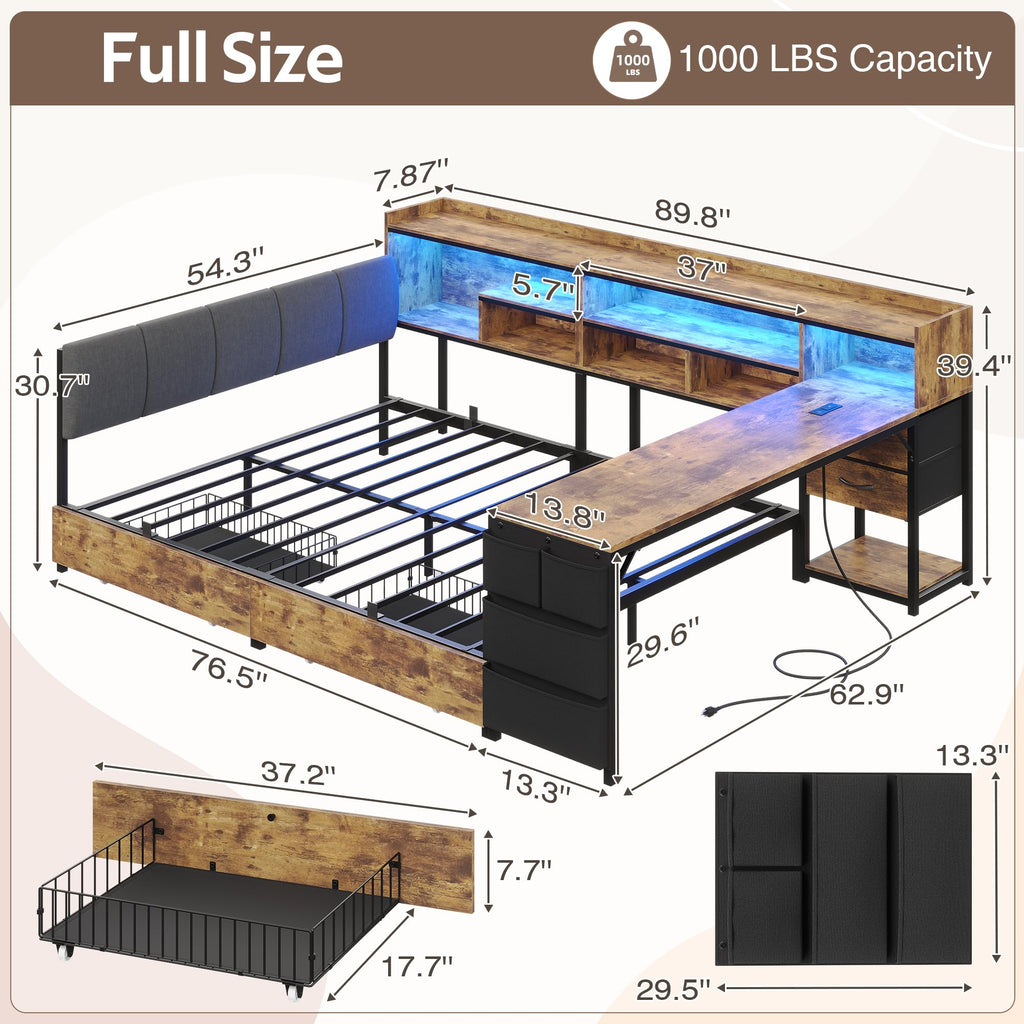 Corner Bed Frame Full Size with Storage & Desk A553