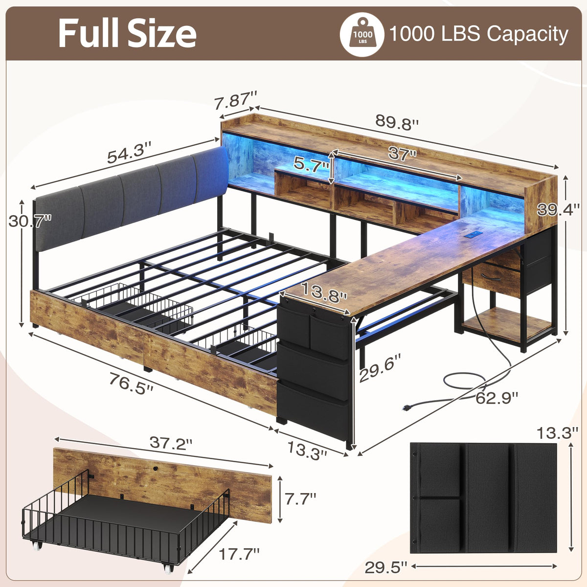 Corner Bed Frame Full Size with Storage & Desk A553