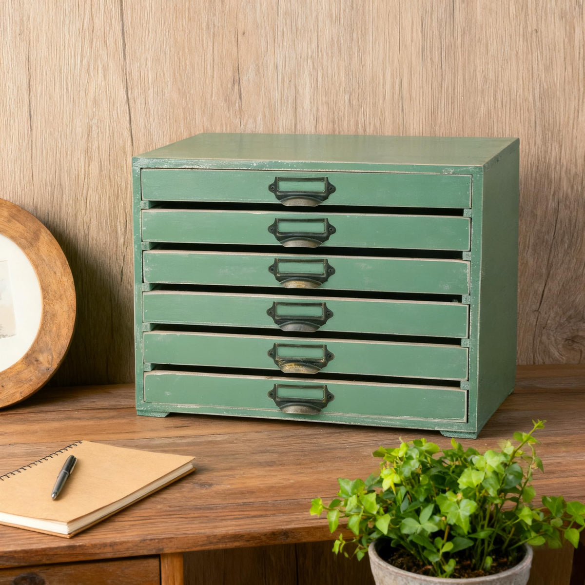Vintage Wooden Storage Box with 6 Drawers Desktop Organizer Cabinet V797
