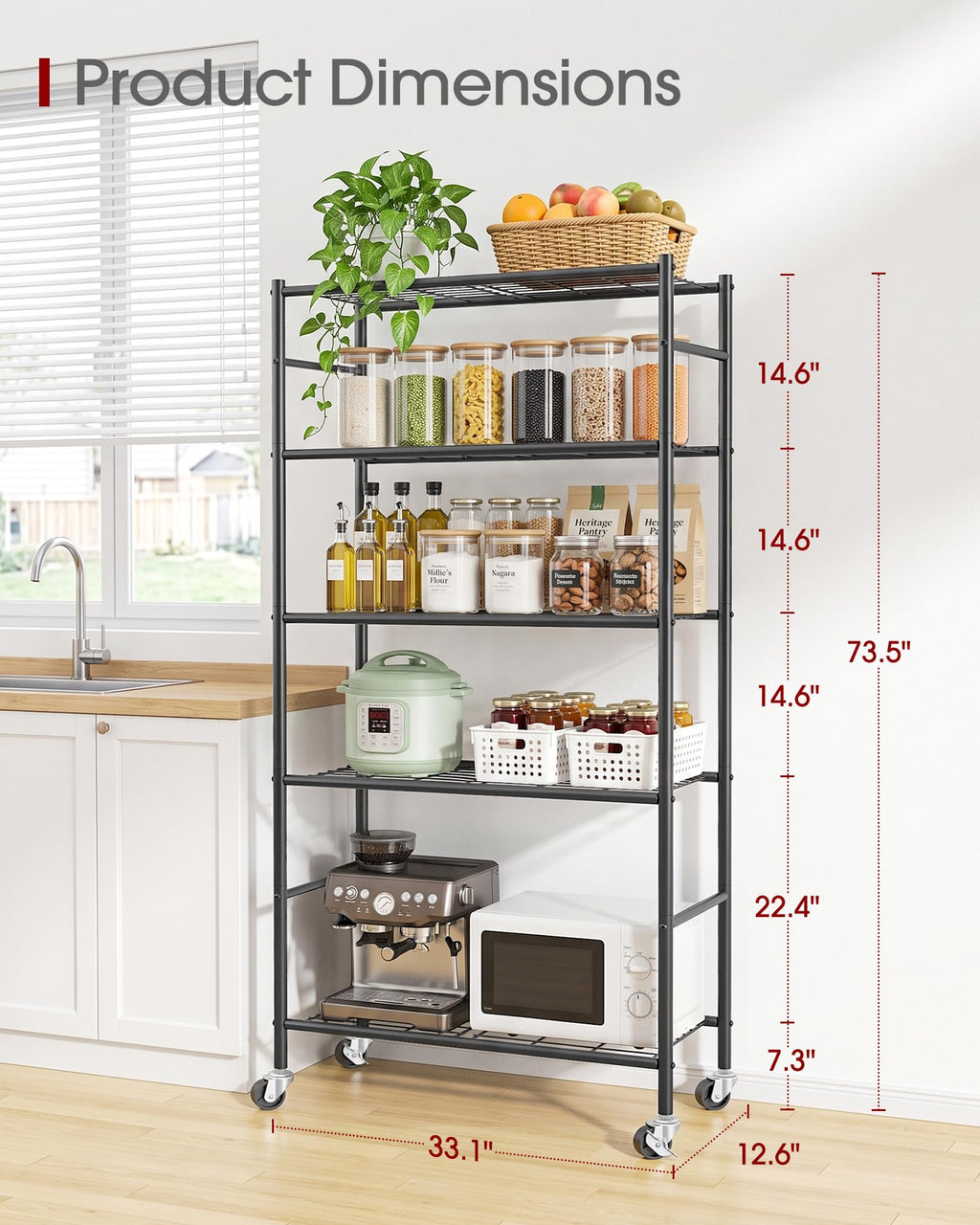 5-Tier Storage Shelves Black with Wheels W3530