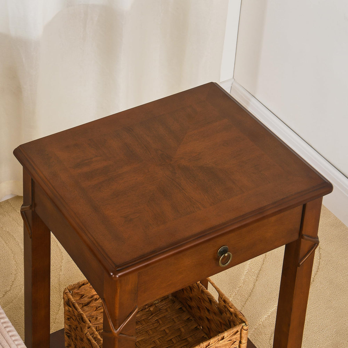 Small Solid Wood Side End Table with Drawer and Storage Shelf F6825