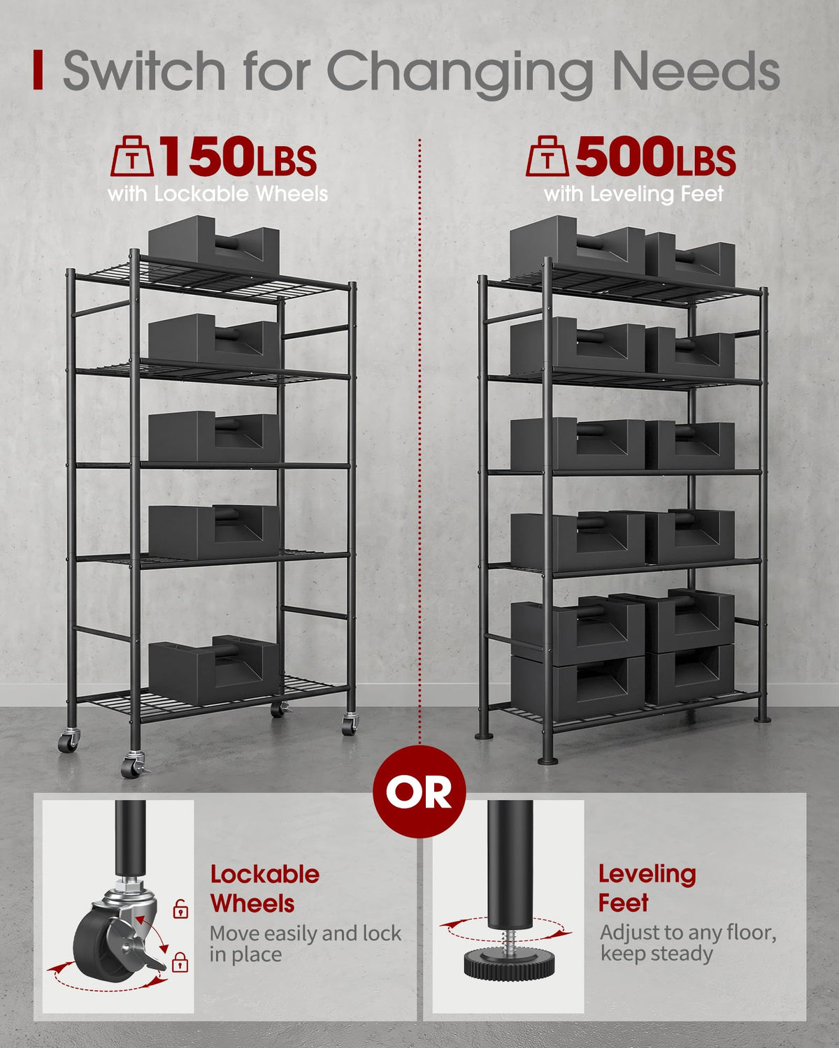 5-Tier Storage Shelves Black with Wheels W3530
