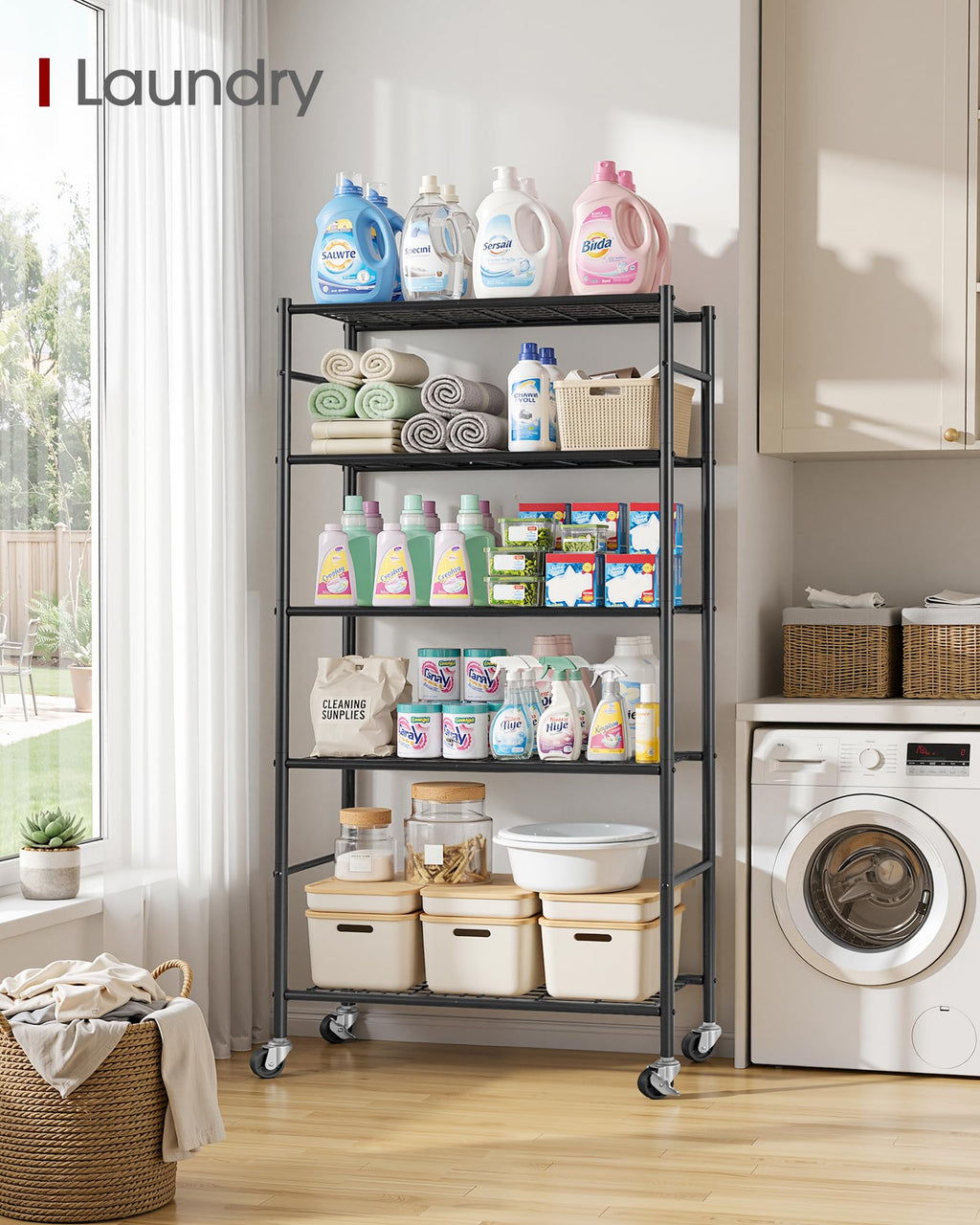 5-Tier Storage Shelves Black with Wheels W3530
