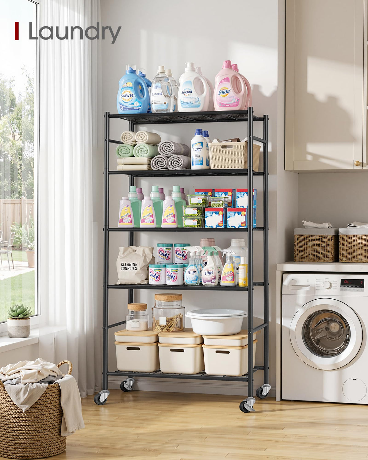 5-Tier Storage Shelves Black with Wheels W3530
