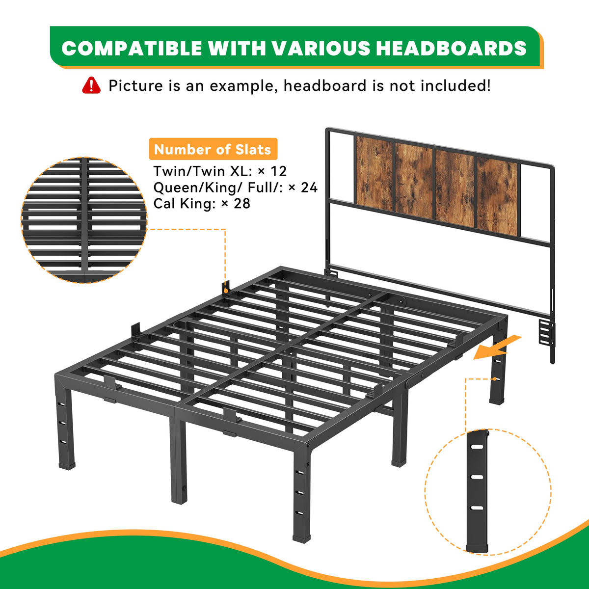 16 Inch King Size Black Metal Platform Bed Frame E6593