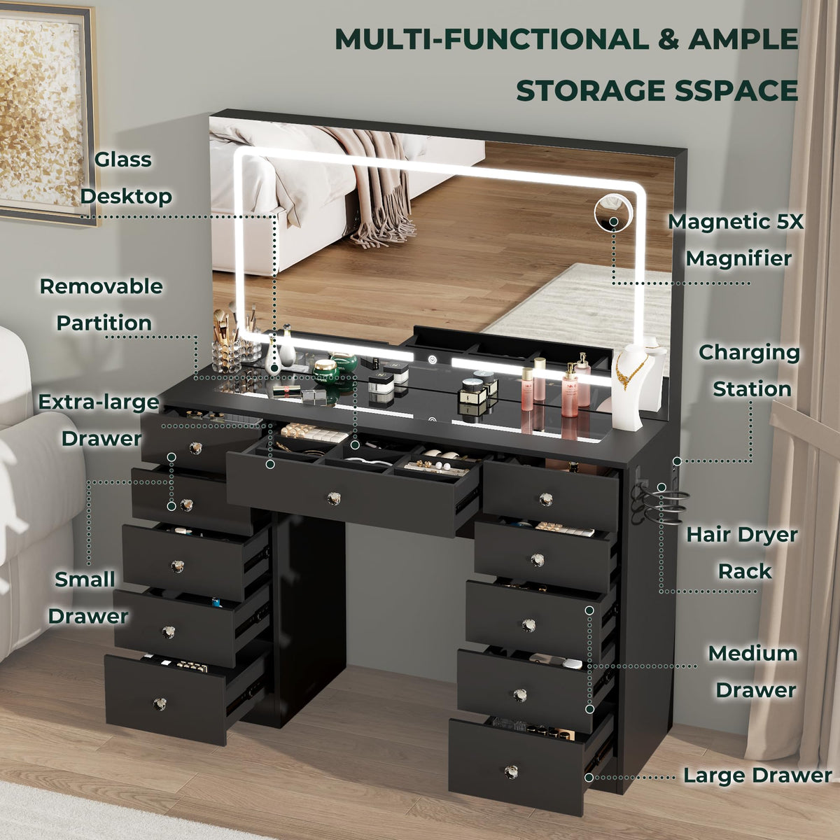 Black 11 Drawer Vanity Desk with Lighted Mirror U9901