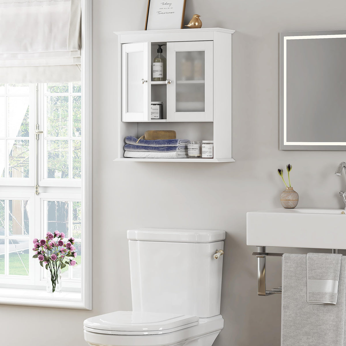 White Bathroom Wall Cabinet with Glass Doors P529922