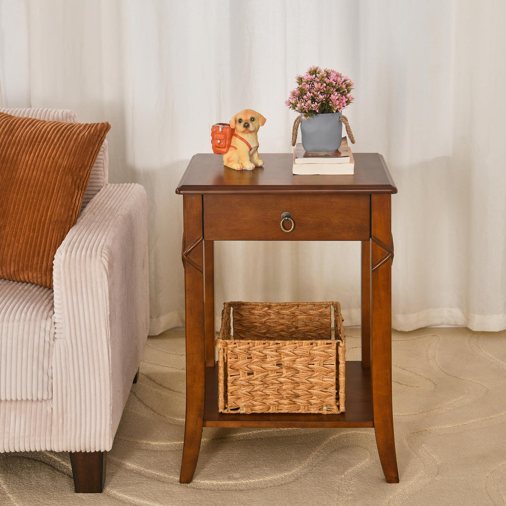 Small Solid Wood Side End Table with Drawer and Storage Shelf F6825