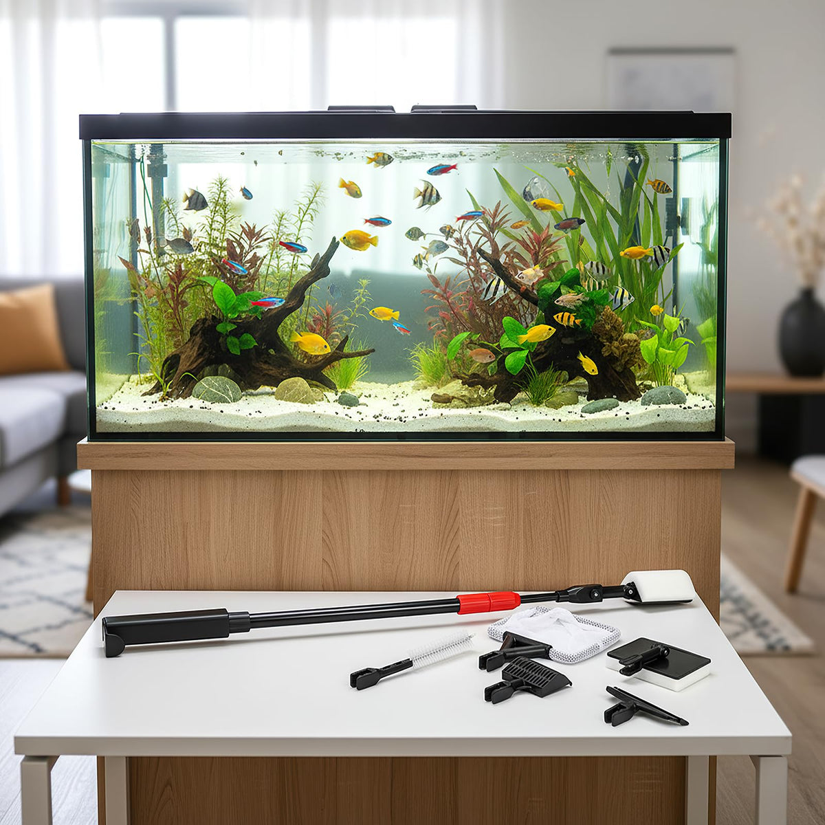 6 in 1 Aquarium Cleaning Tool Kit with Adjustable Telescopic Long Handle N49135