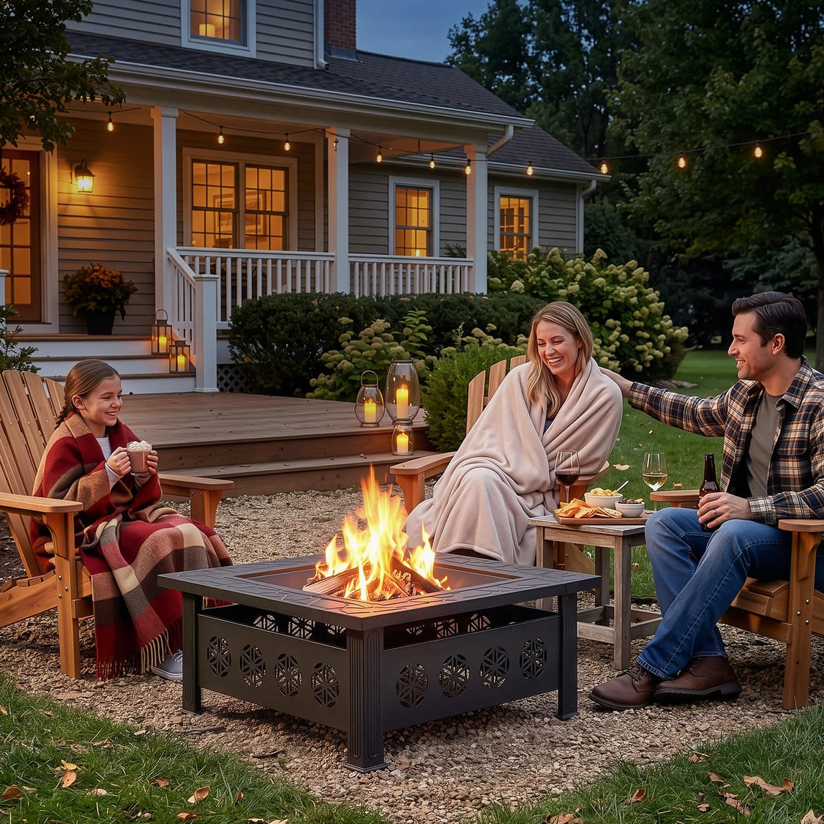 32 Inch Square Wood Burning Fire Pit Table with Spark Screen Lid and Fire Poker, Black A79995