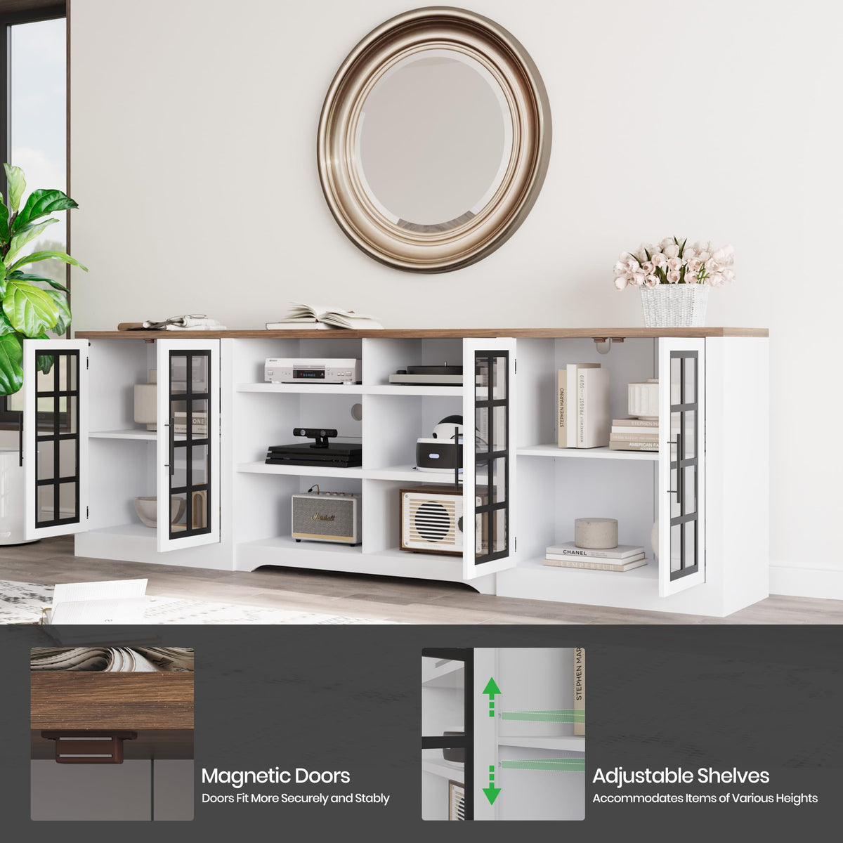 White TV Stand with Storage Cabinet and 3-Tier Open Shelves N176