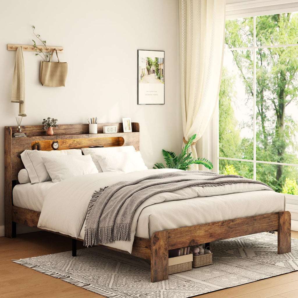 Wooden Full Bed Frame with Storage Headboard I46293