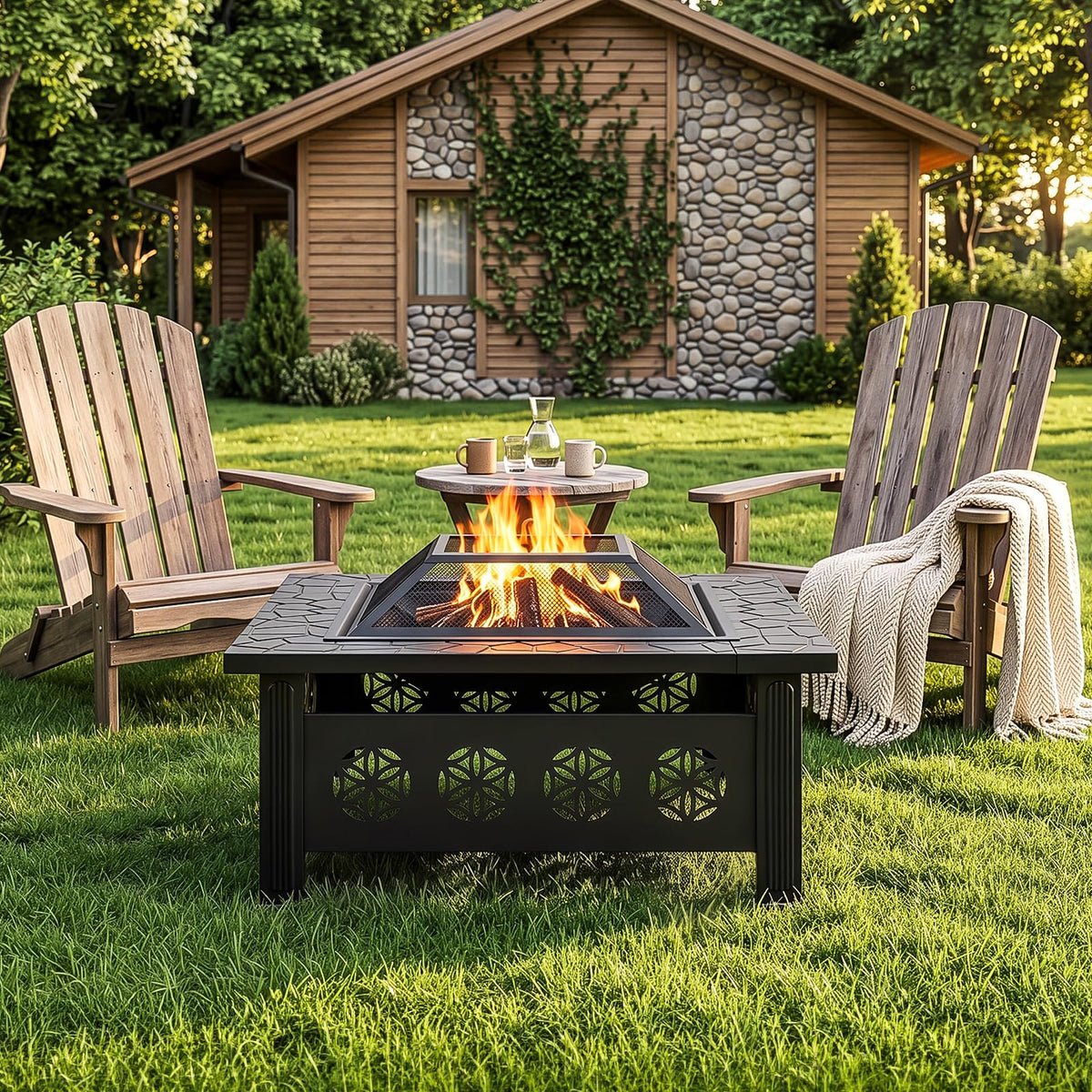 32 Inch Square Wood Burning Fire Pit Table with Spark Screen Lid and Fire Poker, Black A79995