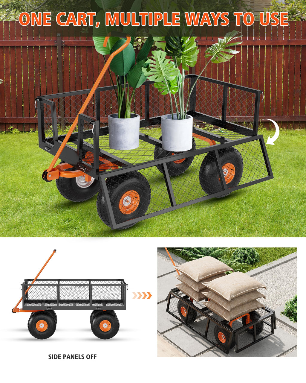 Heavy Duty Steel Garden Cart 900 LBS Capacity 3 in 1 Pullable Wagon with 10 in Wheels K651