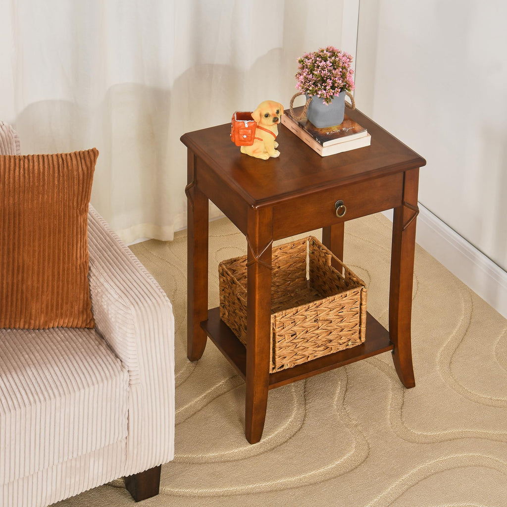 Small Solid Wood Side End Table with Drawer and Storage Shelf F6825