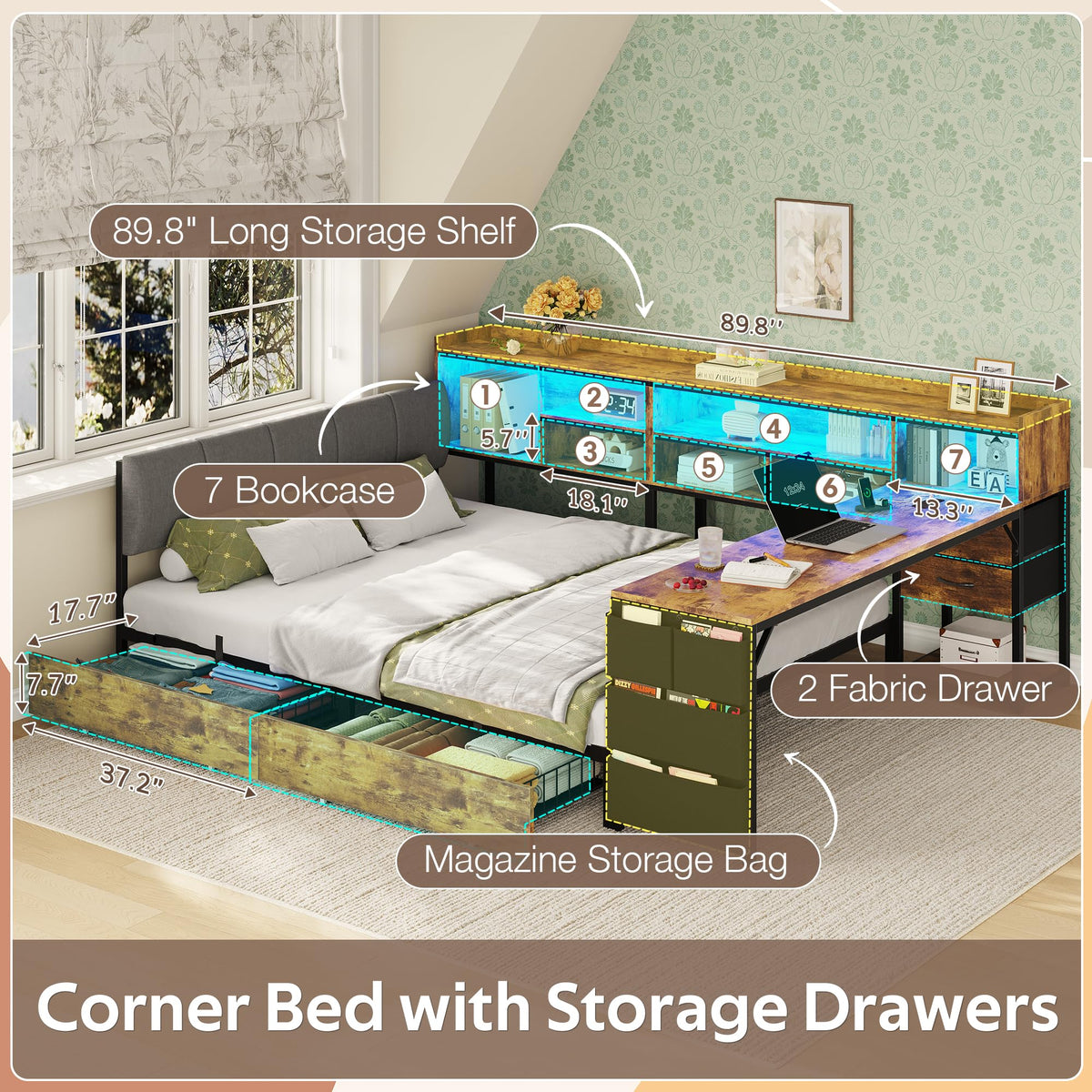 Corner Bed Frame Full Size with Storage & Desk A553